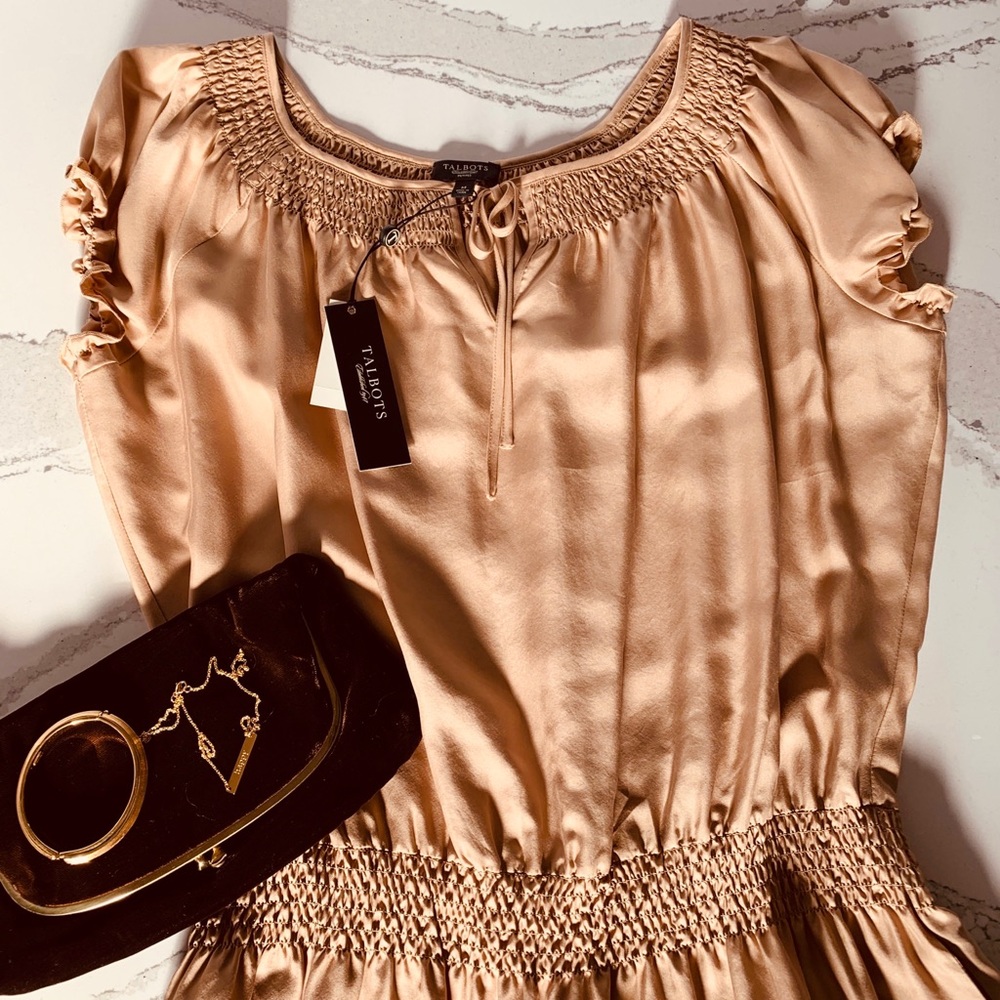 Talbots Petites Smocked Silk Dress Petite MP, NWT - Picture 2 of 7